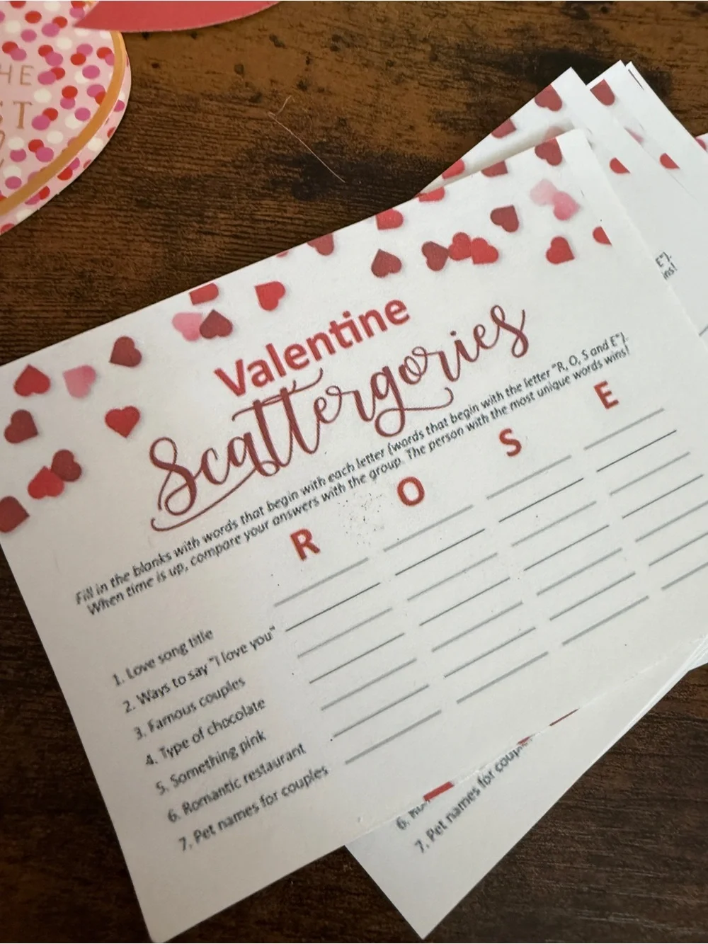 Valentine's Galentine’sParty Scattergories Game Set - Pink Hearts & Gold Accents